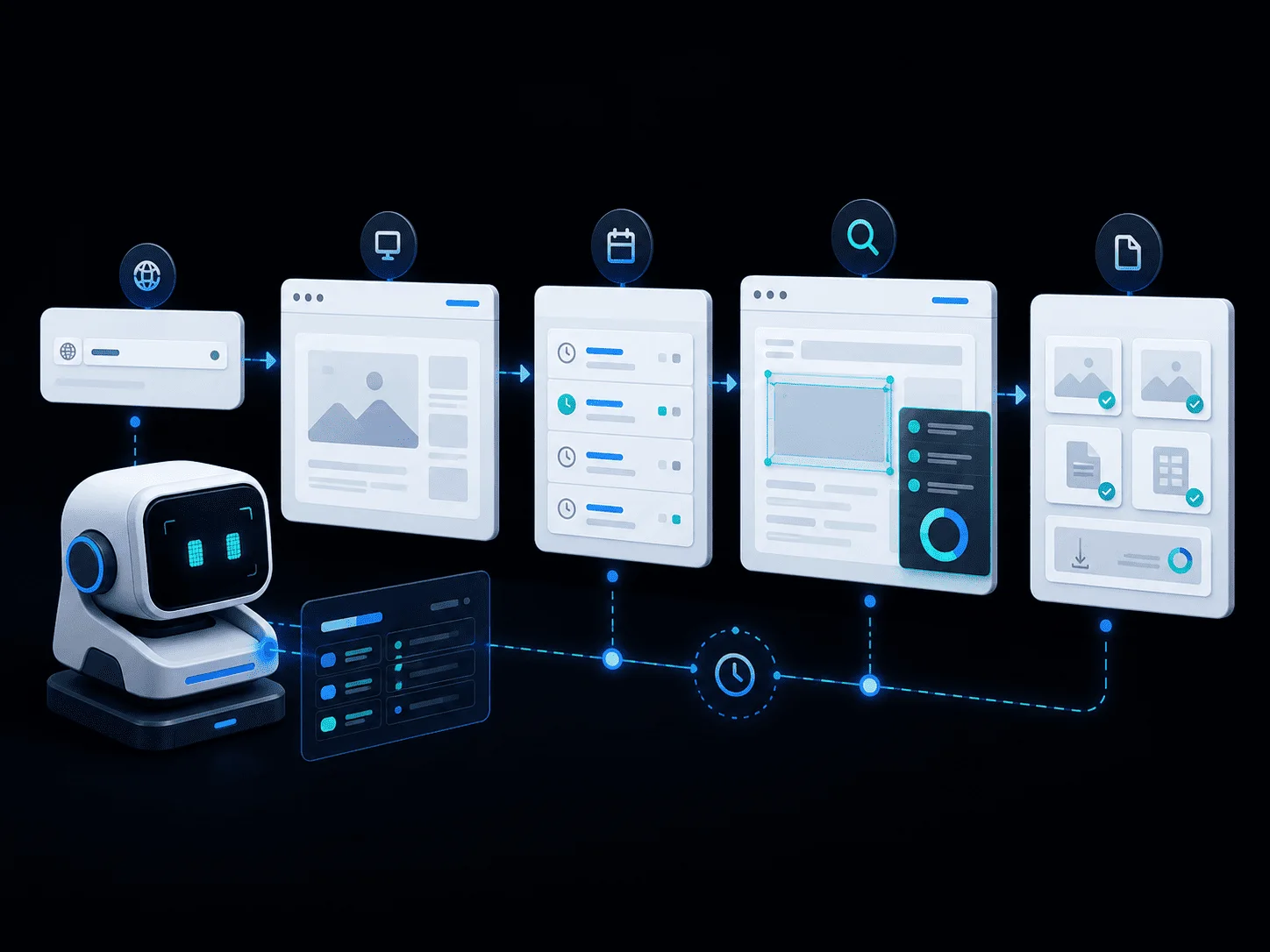 Visual de Automation Services con asistente robot conectado a automatización de navegador, crawling, ejecuciones programadas, análisis y evidencia