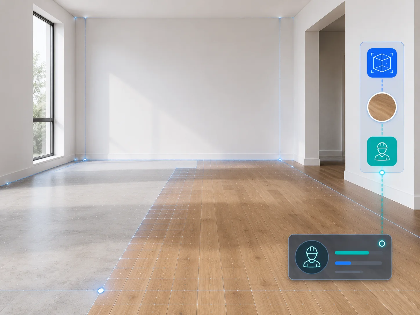 Visual de Surflo con habitación medida, simulación de piso y conexión con instaladores